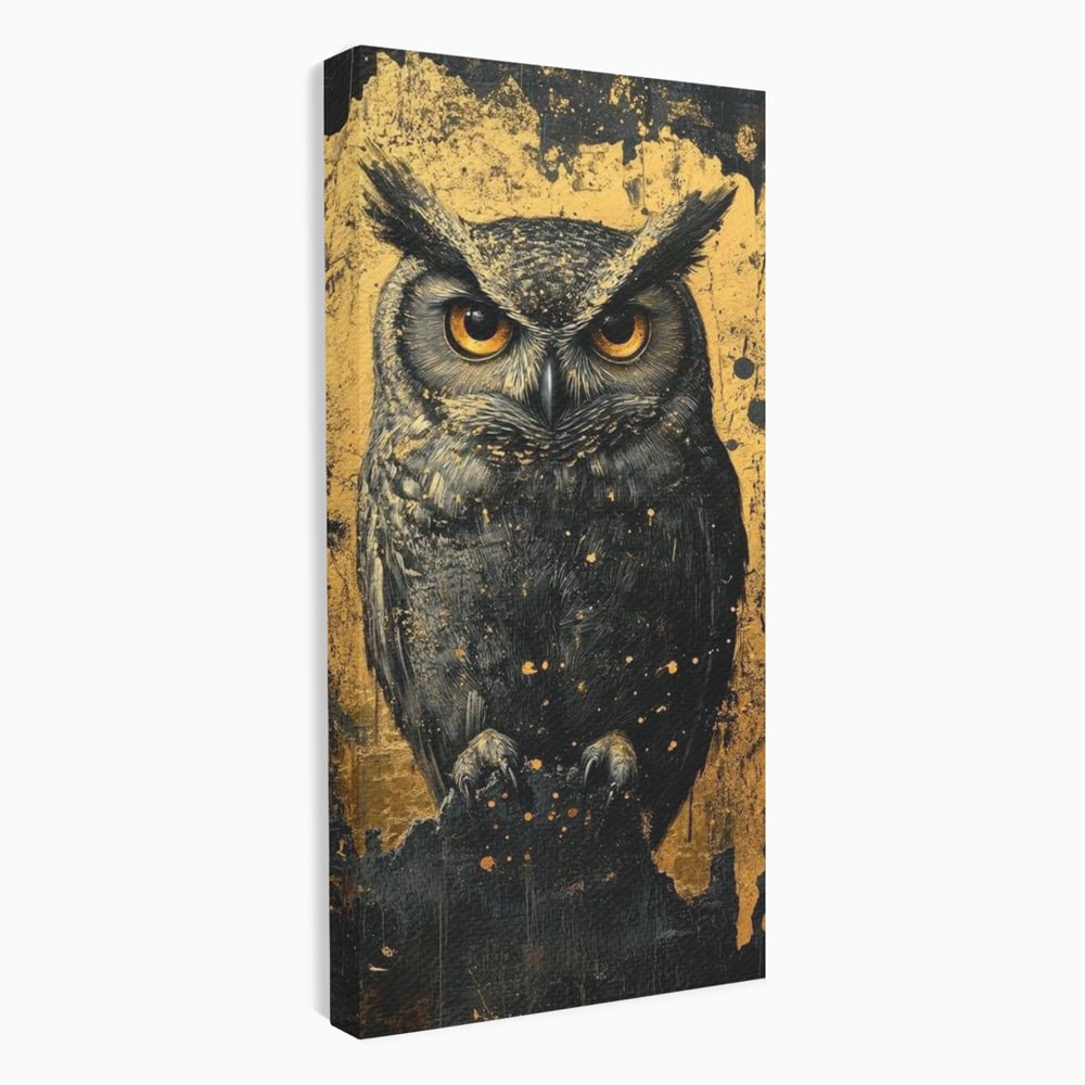Tablou canvas cu tablou canvas cu bufnita neagra si fundal auriu, fara rama, pe sasiu de lemn